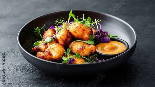 Gourmet food styling shot of popcorn chicken with honey mustard sauce, adorned with microgreens and edible flowers for a refined meal.