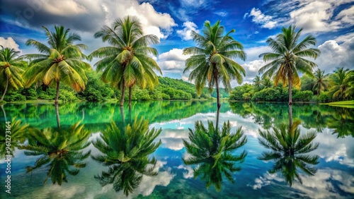 A stunning, symmetrical composition of twin palm trees reflected in a calm, crystal-clear lagoon, surrounded by lush green foliage, with accurate, vibrant color reproduction.