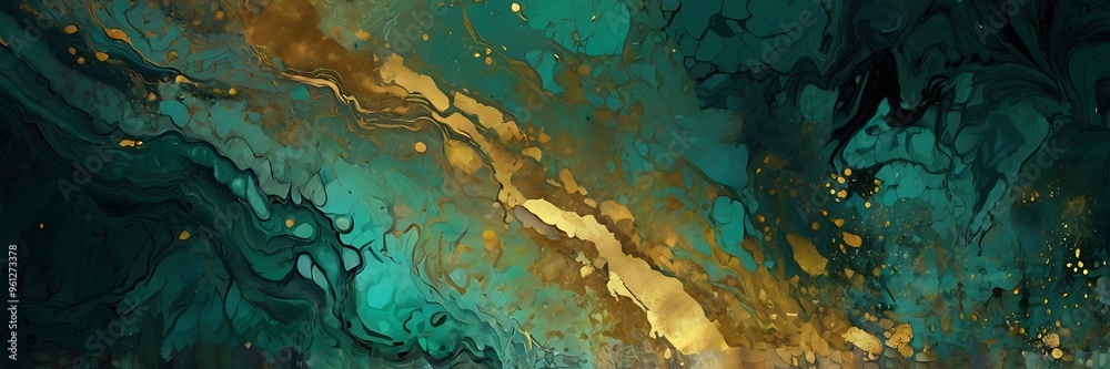 Obraz premium Golden and green seamless pattern illustration wallpaper background textured digital ink swirl 3d render graphical design