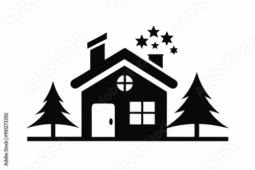 Christmas Logotype Home with Moon in Cloudy Sky.Christmas logotype, home silhouette,