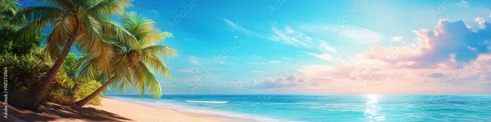 Palm trees and a tropical beach with vibrant colors and a serene atmosphere. Banner. Palm trees and a tropical beach with vibrant colors and a serene atmosphere. Banner.