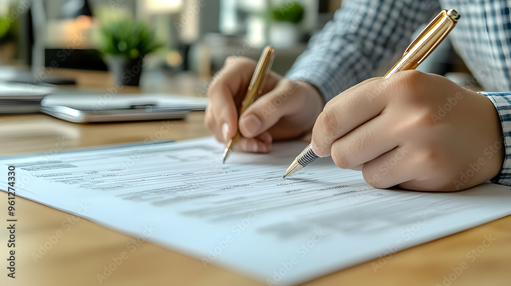 A person signing documents on a wooden desk with pens. A person signing documents on a wooden desk with pens.