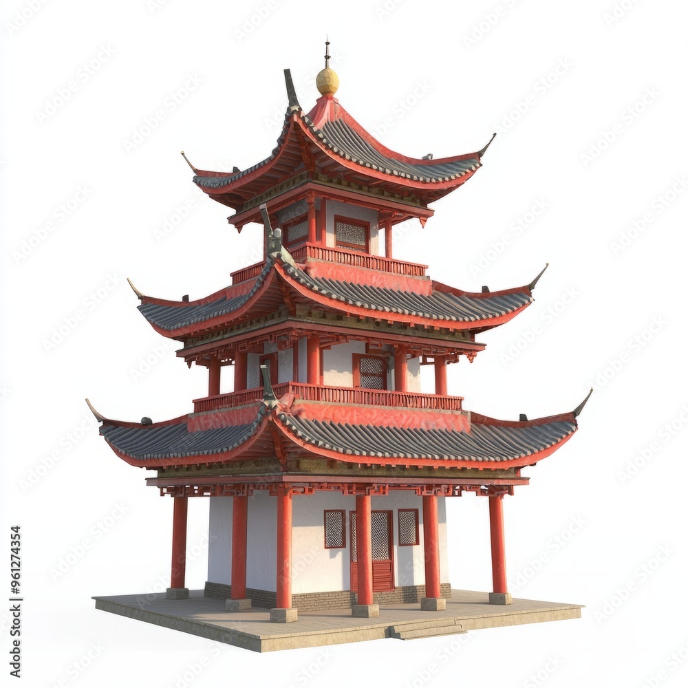 Naklejka premium 3D Render of a traditional Chinese pagoda with layered roofs and red pillars, on isolated white background
