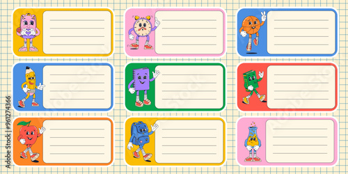 Set colorful school stickers for notebook with various retro groovy characters in gloves. Flat vector style.