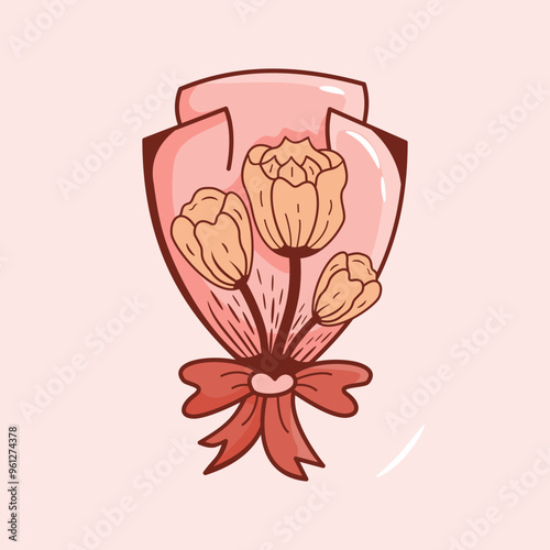 Pink rose flower bouquet. Vector illustration. Flower illustration with beautiful ribbon photo