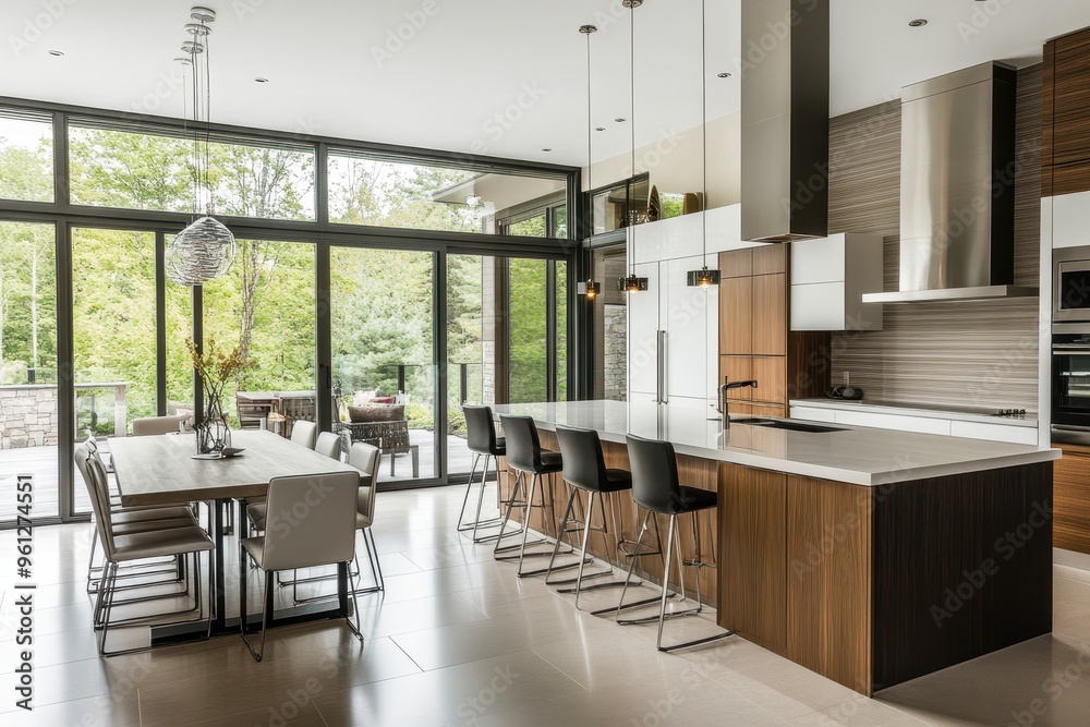 Fototapeta premium Modern kitchen with large windows and a spacious dining area, blending indoor and outdoor spaces.