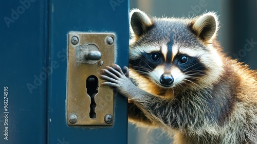 Curious Raccoon Peeking Through a Door photo