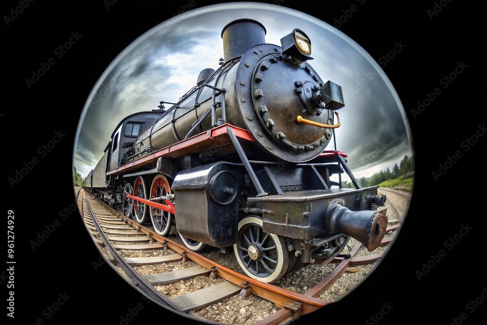 Fototapeta premium Ancient locomotive in fisheye perspective on black background