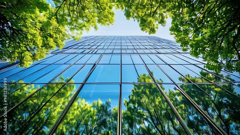 Modern glass building reflecting lush green trees and blue sky, symbolizing environmental sustainability.