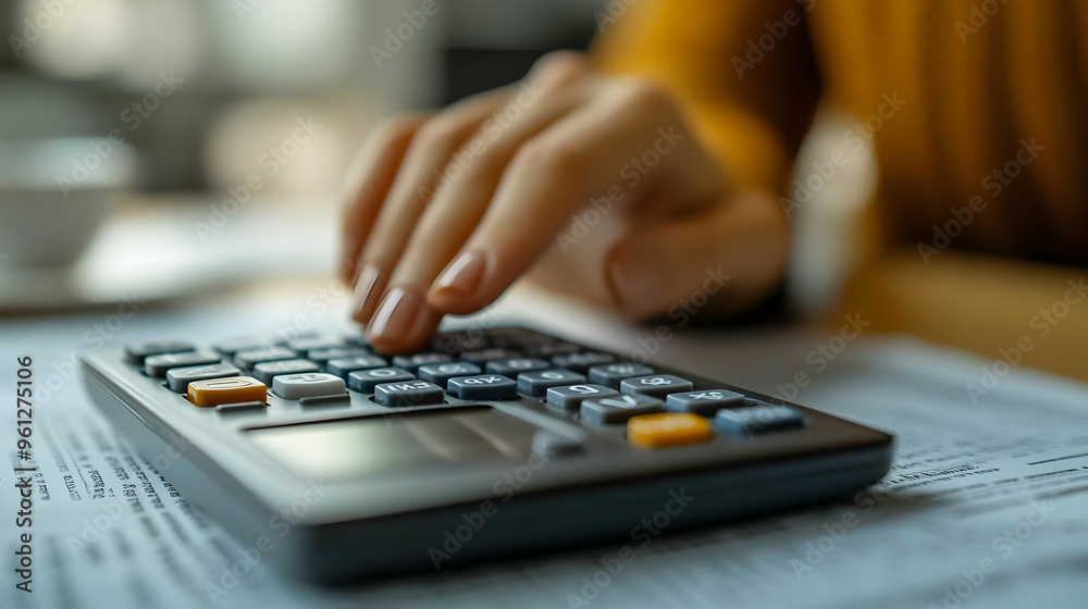 A person using a calculator on financial documents. A person using a calculator on financial documents.