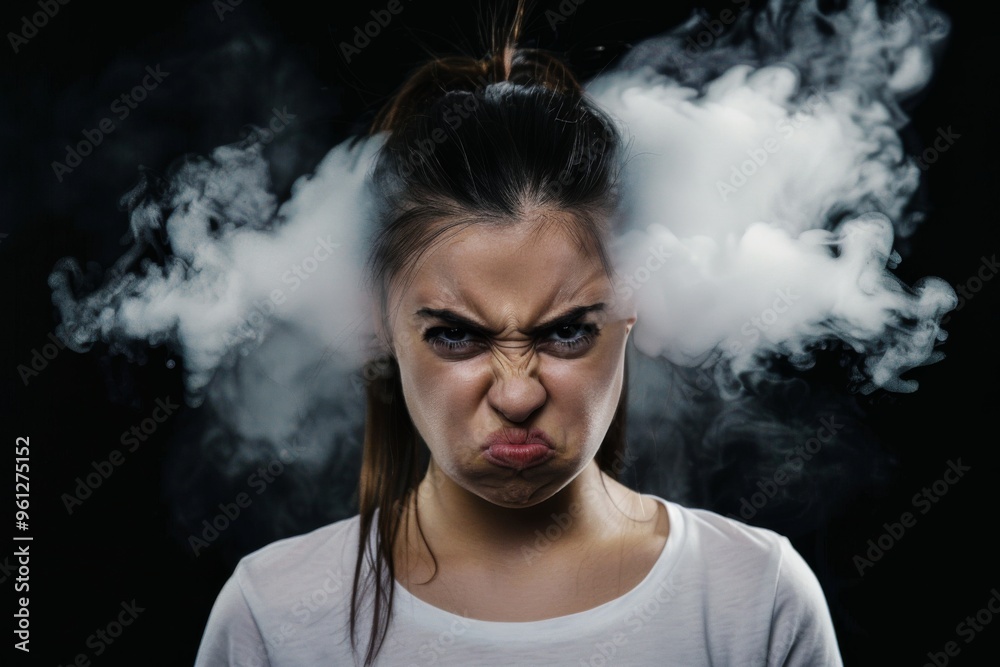 A furious young woman experiencing intense frustration with steam billowing from her ears against a black background A furious young woman experiencing intense frustration with steam billowing from her ears against a black background