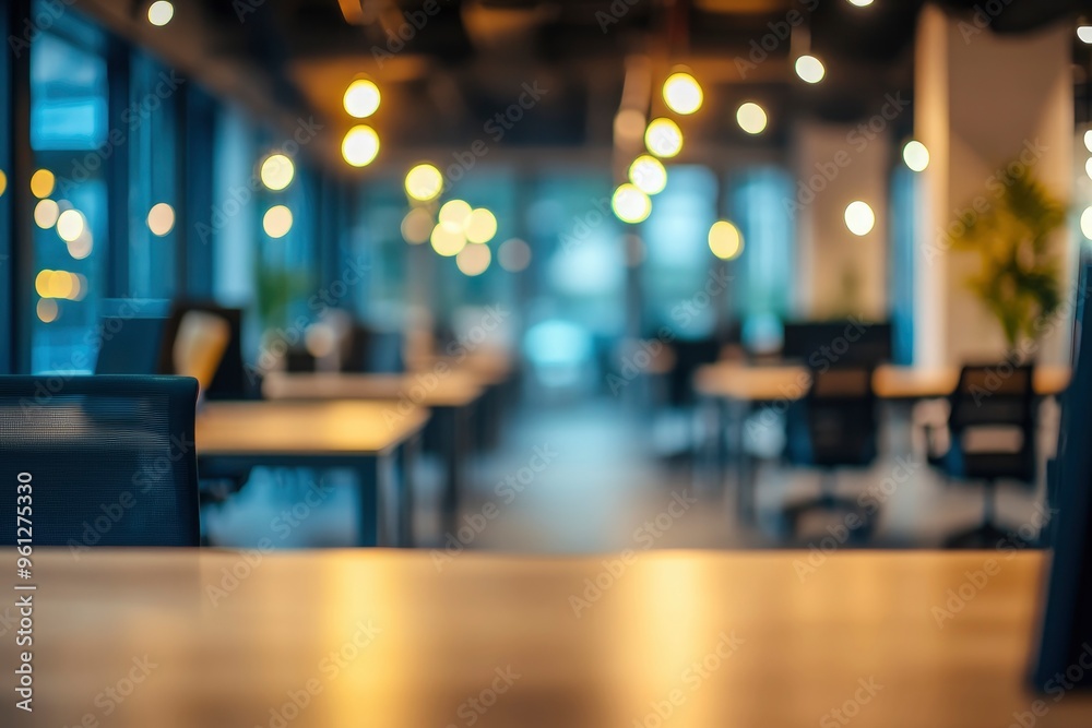 Blurred empty open space office. Abstract light bokeh at office interior background, ai Blurred empty open space office. Abstract light bokeh at office interior background, ai