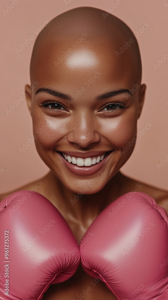 Smiling woman in pink boxing gloves shows confidence and strength against a soft background Smiling woman in pink boxing gloves shows confidence and strength against a soft background