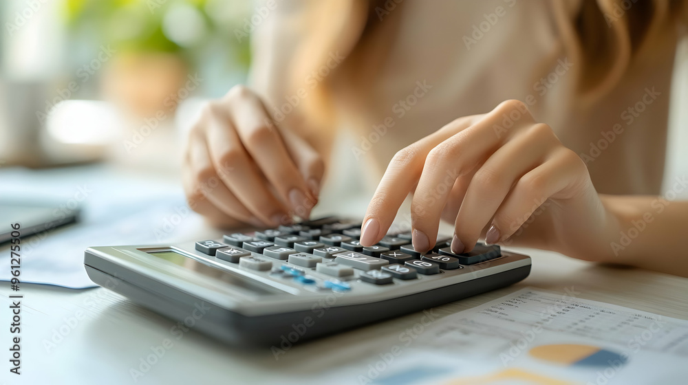A person using a calculator while working on financial documents. A person using a calculator while working on financial documents.