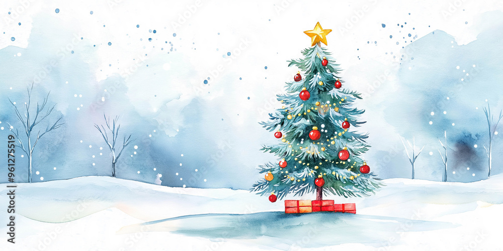 Beautiful New Year illustration, a small New Year tree decorated with red balls and a star in the forest on the right, drawn in watercolor, against the backdrop of a winter forest. Beautiful New Year illustration, a small New Year tree decorated with red balls and a star in the forest on the right, drawn in watercolor, against the backdrop of a winter forest.