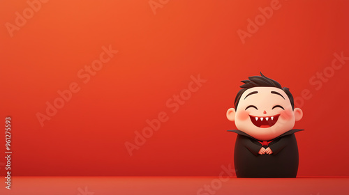 A cheerful cartoon vampire boy smiles widely against a bright orange background, perfect for Halloween-themed designs. photo