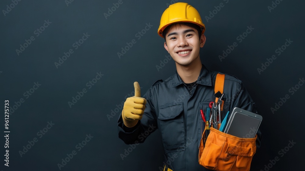 A man in a blue shirt is holding a tablet and giving a thumbs up A man in a blue shirt is holding a tablet and giving a thumbs up