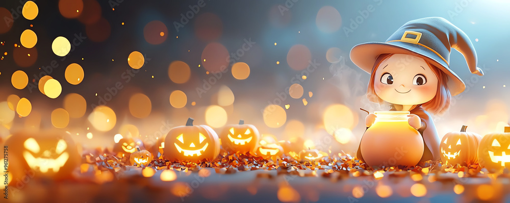 A cheerful character in a witch hat surrounded by glowing pumpkins, capturing the essence of Halloween magic and fun. A cheerful character in a witch hat surrounded by glowing pumpkins, capturing the essence of Halloween magic and fun.