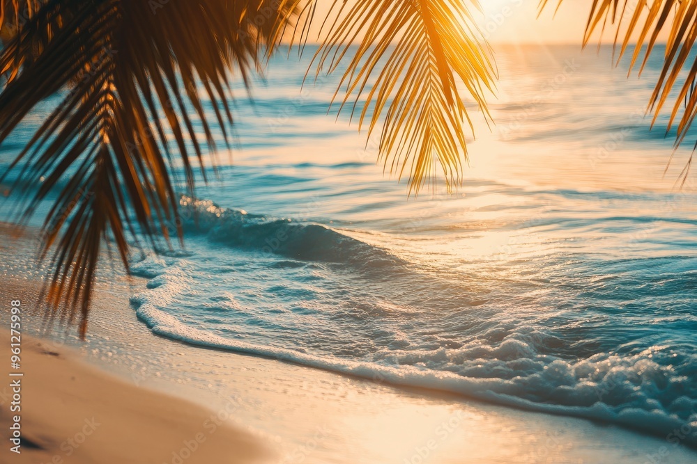 Tranquil closeup calm sea water waves with palm trees. Beautiful sunrise sunset sunlight. Tropical island beach landscape exotic shore coast. Summer vacation, amazing nature. Relax paradise, ai Tranquil closeup calm sea water waves with palm trees. Beautiful sunrise sunset sunlight. Tropical island beach landscape exotic shore coast. Summer vacation, amazing nature. Relax paradise, ai