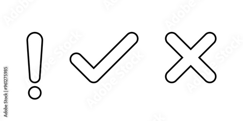 Exclamation mark, tick, and cross icon in line style. Editable stroke