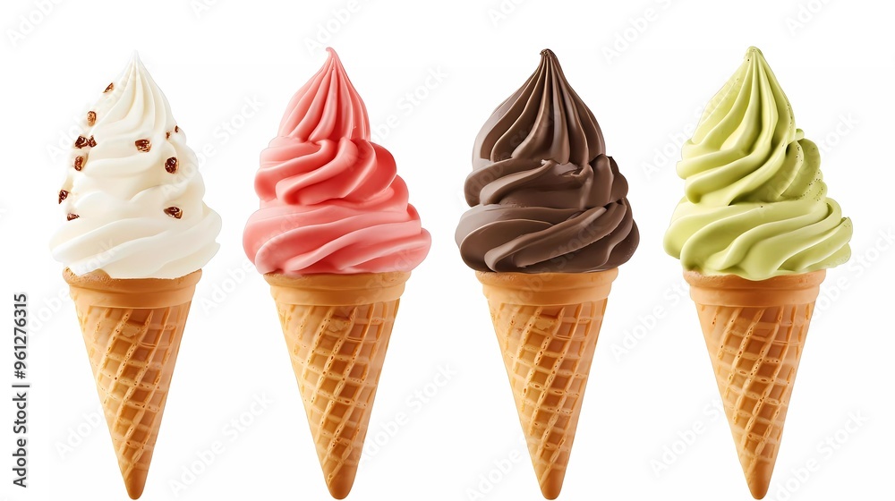 four Soft ice creams with vanilla, strawberry, chocolate and green tea flavors on crispy cones isolated on white background