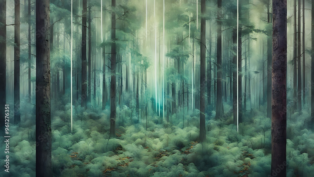 Naklejka premium A mixed media piece where a realistic photograph of a forest is intersected by digital glitch effects, merging the natural with the synthetic