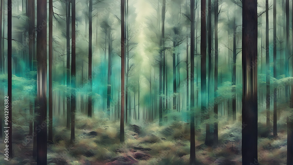 Obraz premium A mixed media piece where a realistic photograph of a forest is intersected by digital glitch effects, merging the natural with the synthetic