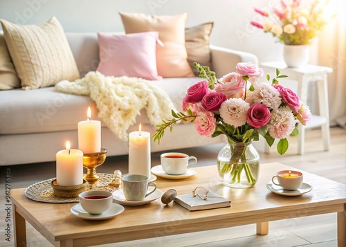 Vibrant magazine spread featuring a beautifully styled coffee table with scattered fashion accessories, candles, and blooms, set against a soft, creamy white background. photo