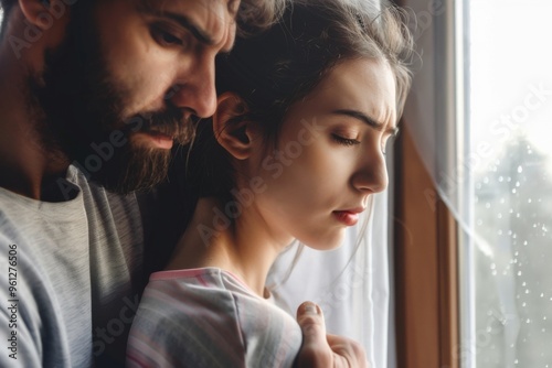 A tender moment of support as a bearded man comforts a sad woman gazing out the window on a rainy day of reflection and solace photo