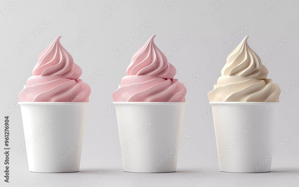 three collections of strawberry frozen yogurt or soft serve ice cream packaging mockups, vanilla and chocolate frozen yogurt or soft serve ice cream in blank paper cup packaging on isolated background three collections of strawberry frozen yogurt or soft serve ice cream packaging mockups, vanilla and chocolate frozen yogurt or soft serve ice cream in blank paper cup packaging on isolated background