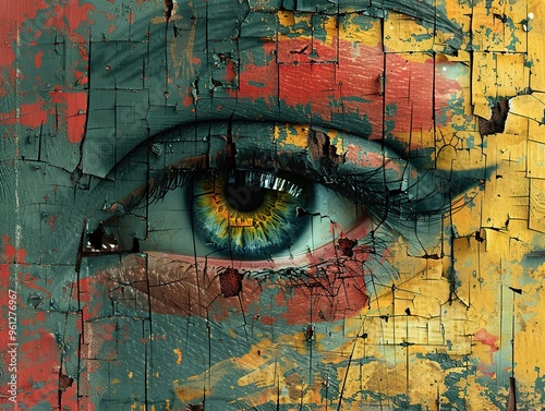 A close-up of a woman's eye with peeling paint, creating a unique and abstract design.