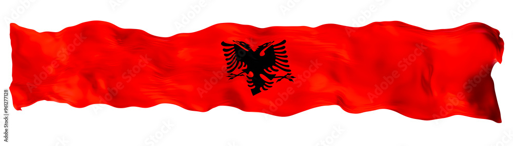 Stylized flag of Albania, waving in the wind, on transparent background. Footer, header or divider. Cut out wide, panoramic element. Banner for patriotic themes or national event promotions. 3D. Stylized flag of Albania, waving in the wind, on transparent background. Footer, header or divider. Cut out wide, panoramic element. Banner for patriotic themes or national event promotions. 3D.