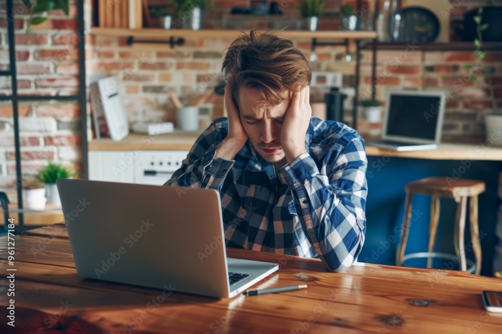Young man at home feeling disappointed while working on laptop in a modern, cozy workspace during the day Young man at home feeling disappointed while working on laptop in a modern, cozy workspace during the day