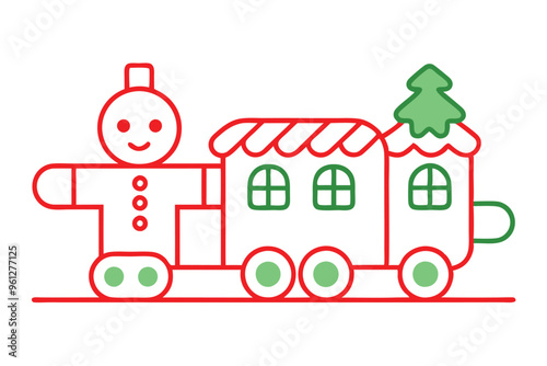 Christmas gingerbread train vector line art, clipart illustration with isolated on white background