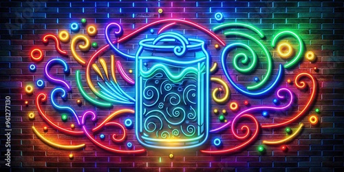 Vibrant neon sign featuring a stylized illustration of a chilled can of beer, surrounded by swirling patterns and lights, evoking a fun and lively atmosphere. photo