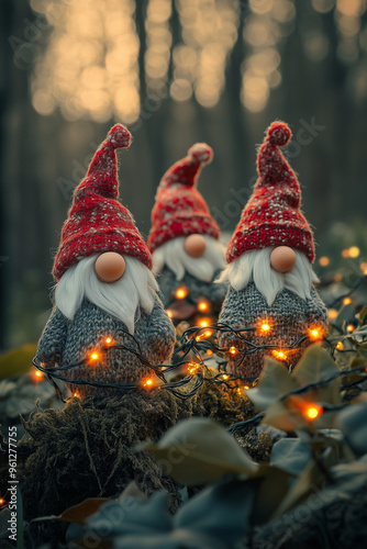 cute illustration of christmas gnomes in garlands