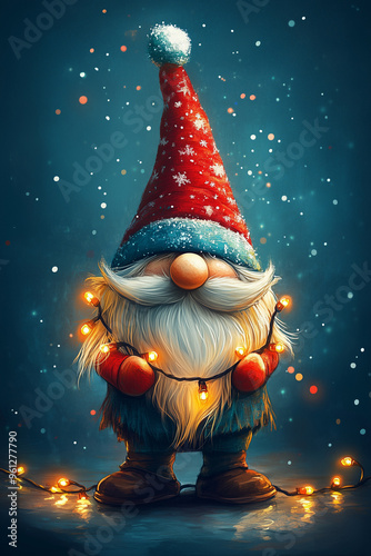 christmas background with gnome wrapped in garlands