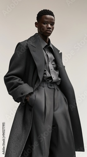 Stylish model showcasing tailored gray ensemble in a minimalist studio setting
