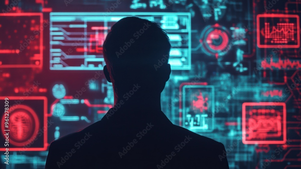 Silhouette of a Person Standing in Front of a Digital Interface Silhouette of a Person Standing in Front of a Digital Interface