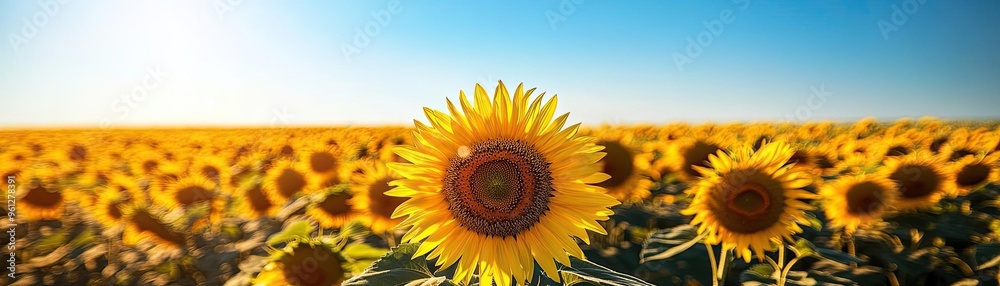 Fototapeta premium A bright sunflower field under a clear blue sky, creating a cheerful and uplifting background
