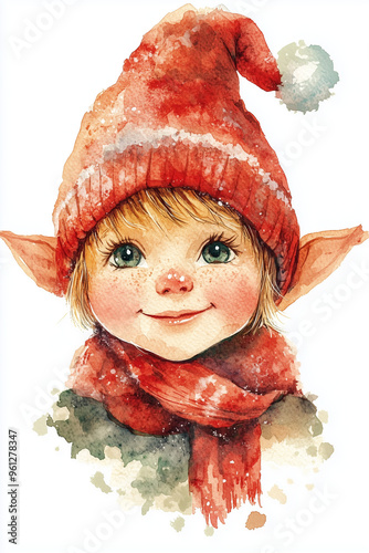 watercolor illustration of cute christmas elf in red hat.