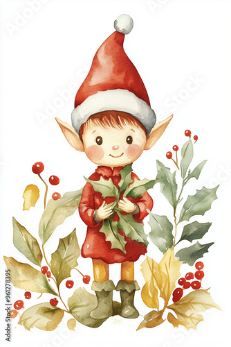 watercolor christmas illustration of cute cartoon elf with green leaves of holly