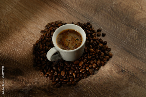 Espresso coffee cup on vintage table with roasted coffee beans 2