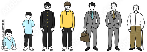 男性の人生の段階を描いたカラフルなイラストシリーズ