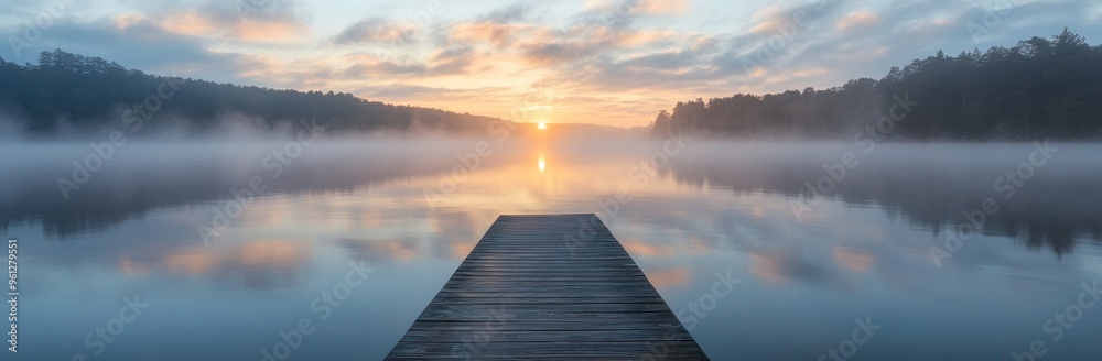 Fototapeta premium Sunrise Over a Misty Lake With Wooden Dock