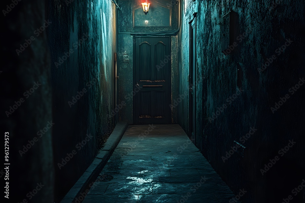 Mysterious Dark Alley with Door and Light Mysterious Dark Alley with Door and Light