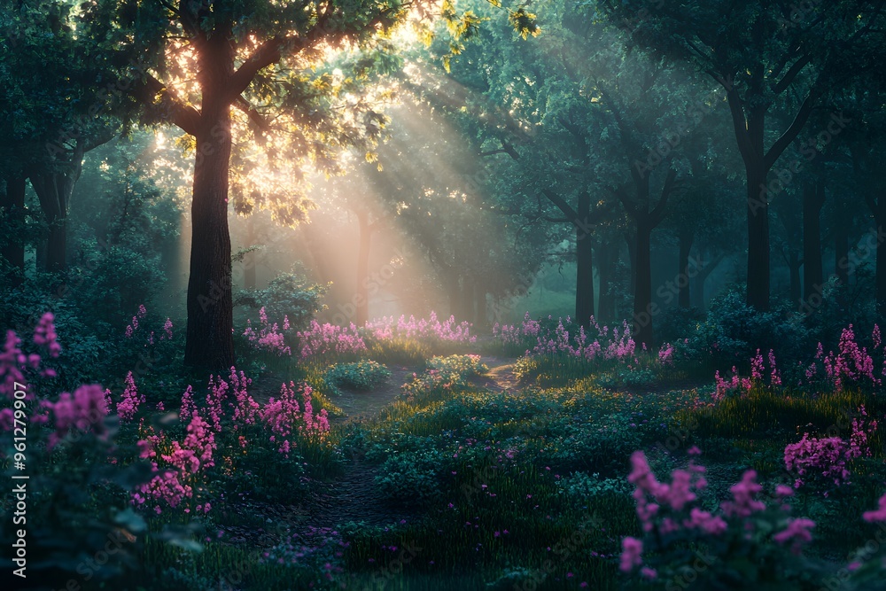 Obraz premium Sunbeams Through a Mystical Forest