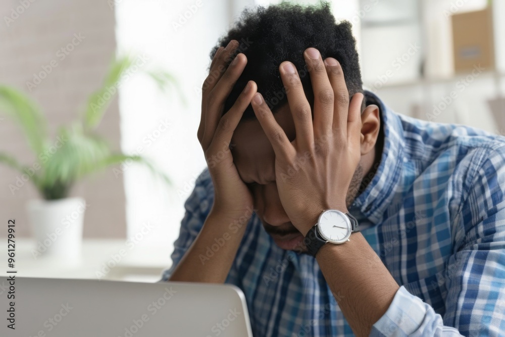 Exhausted millennial man struggles with financial stress while working late at home in front of a computer Exhausted millennial man struggles with financial stress while working late at home in front of a computer