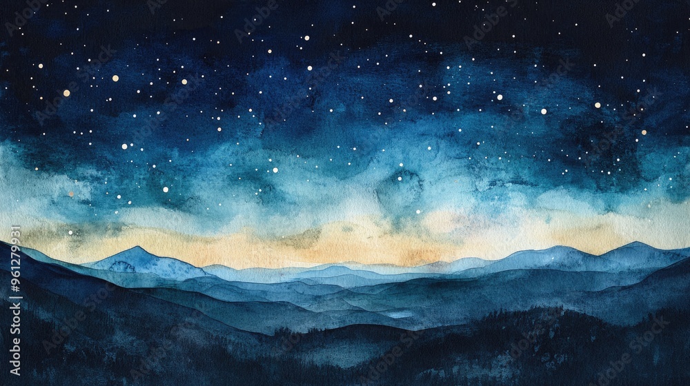 Serene Watercolor Landscape: Starry Night Over Majestic Mountains