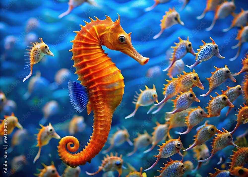 Vibrant orange seahorse with delicate tail and intricate patterns swims amidst coral reef, surrounded by Schools of small blue fish in crystal-clear tropical waters.
